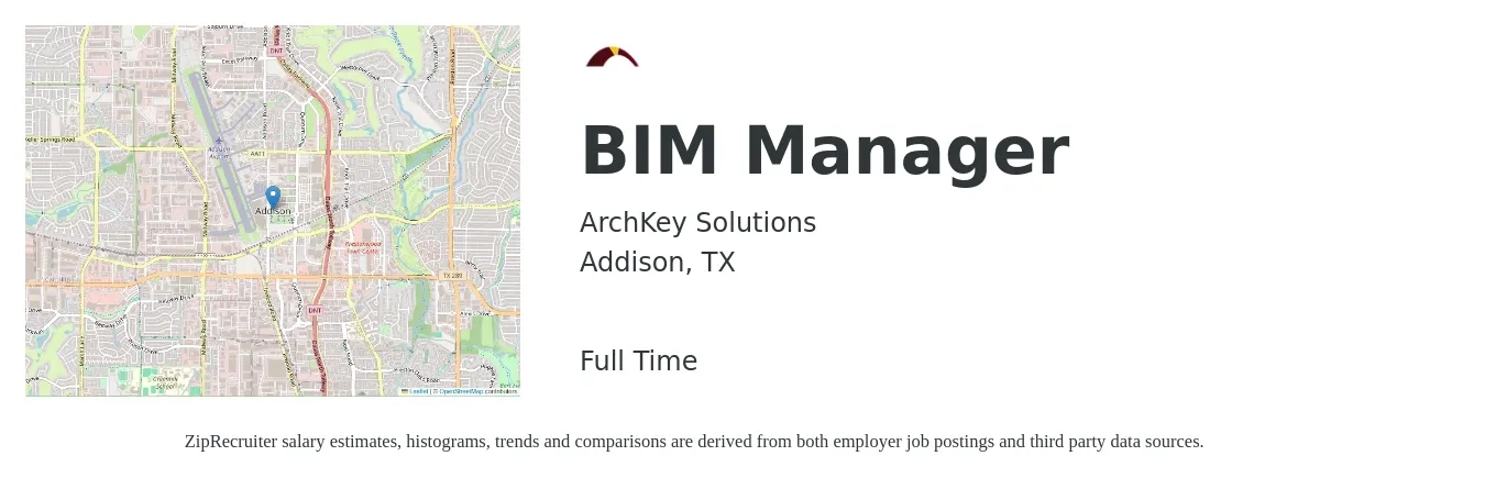 ArchKey Solutions job posting for a BIM Manager in Addison, TX with a salary of $48,400 to $112,800 Yearly with a map of Addison location.