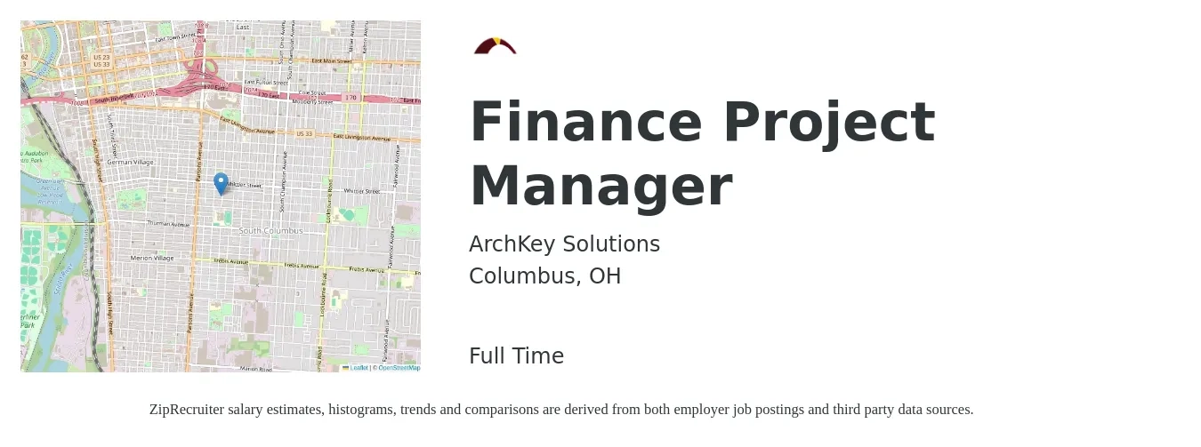 ArchKey Solutions job posting for a Finance Project Manager in Columbus, OH with a salary of $47 to $72 Hourly with a map of Columbus location.