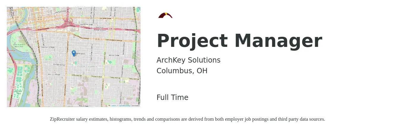 ArchKey Solutions job posting for a Project Manager in Columbus, OH with a salary of $75,800 to $118,800 Yearly with a map of Columbus location.