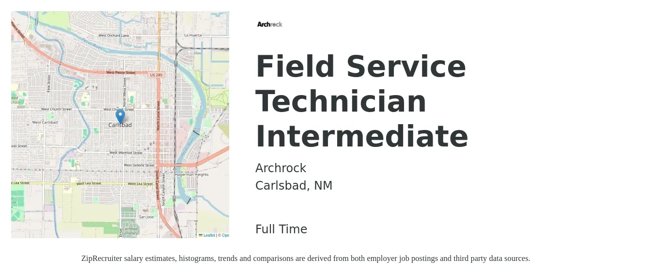 Archrock job posting for a Field Service Technician Intermediate in Carlsbad, NM with a salary of $17 to $25 Hourly with a map of Carlsbad location.