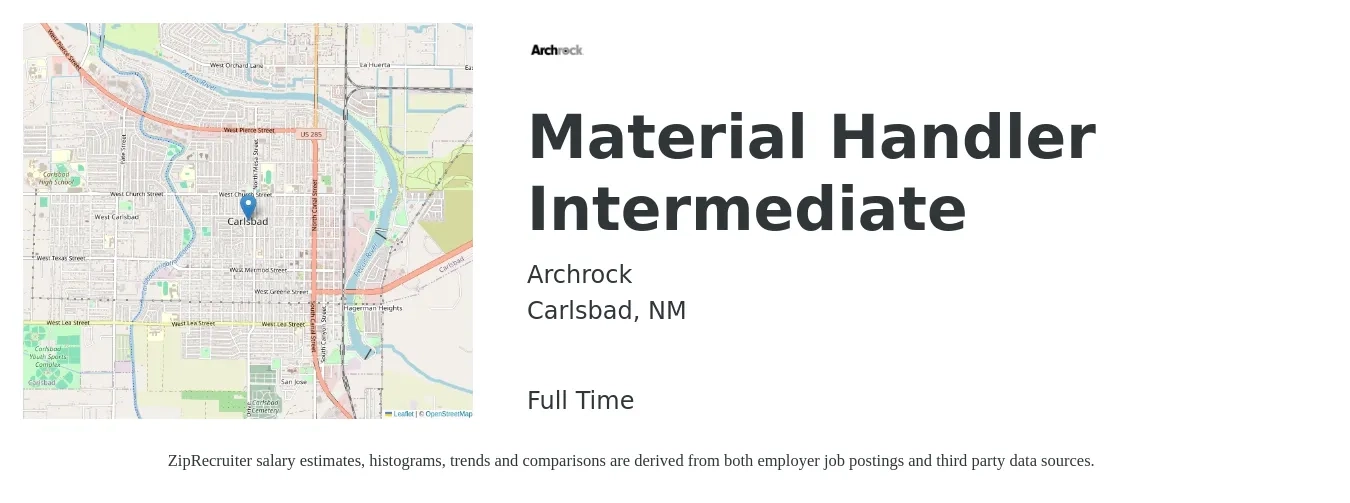 Archrock job posting for a Material Handler Intermediate in Carlsbad, NM with a salary of $14 to $17 Hourly with a map of Carlsbad location.