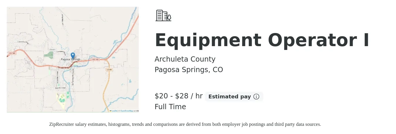 Archuleta County job posting for a Equipment Operator I in Pagosa Springs, CO with a salary of $21 to $30 Hourly with a map of Pagosa Springs location.