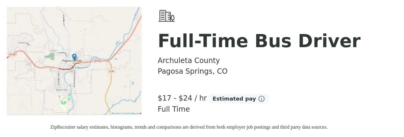 Archuleta County job posting for a Full-Time Bus Driver in Pagosa Springs, CO with a salary of $18 to $25 Hourly with a map of Pagosa Springs location.