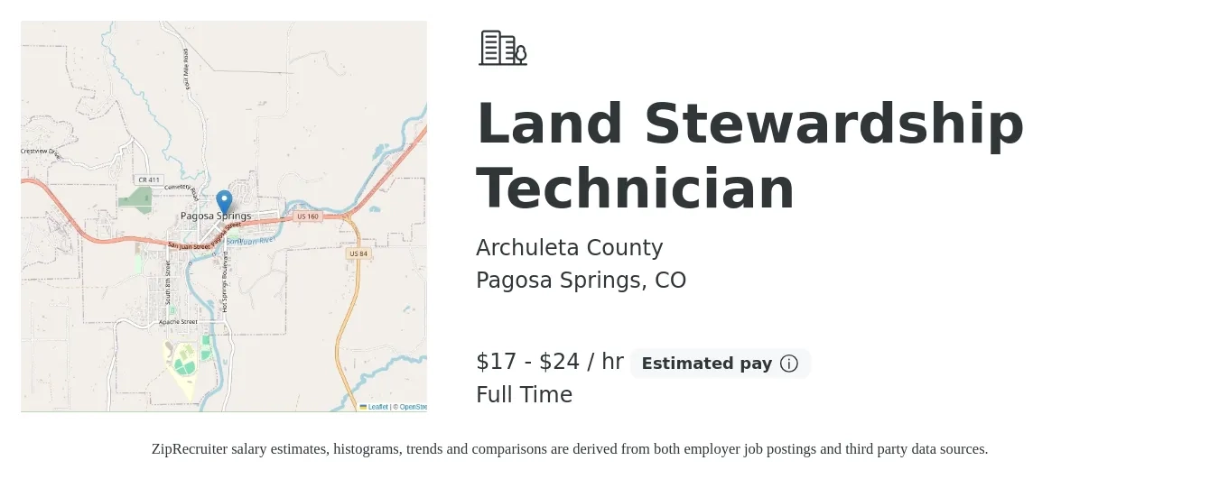 Archuleta County job posting for a Land Stewardship Technician in Pagosa Springs, CO with a salary of $18 to $25 Hourly with a map of Pagosa Springs location.