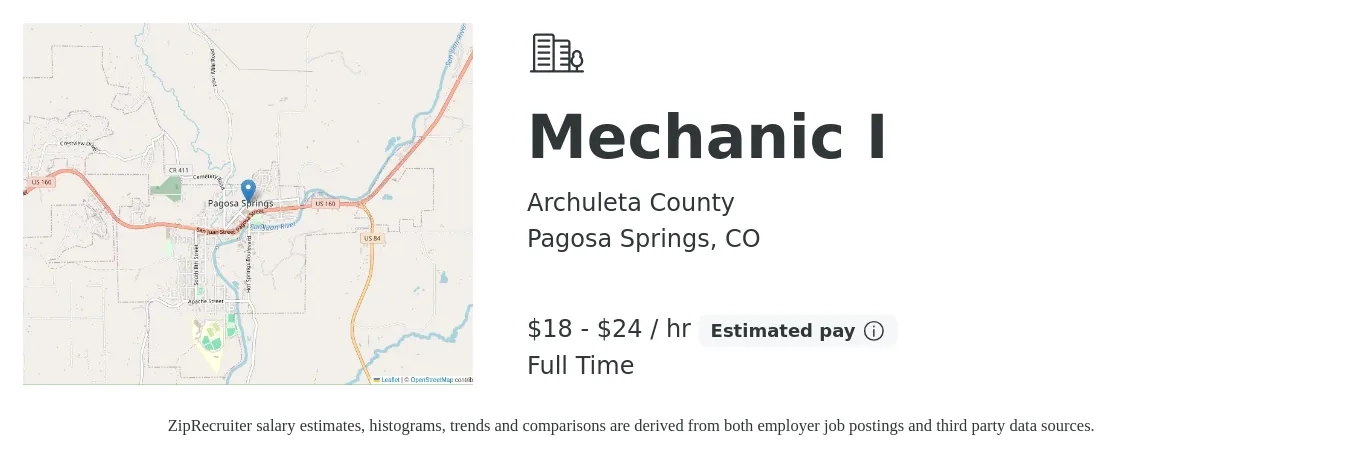 Archuleta County job posting for a Mechanic I in Pagosa Springs, CO with a salary of $19 to $26 Hourly with a map of Pagosa Springs location.