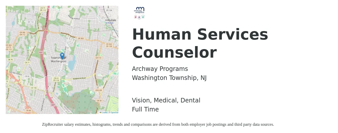 Archway Programs job posting for a Human Services Counselor in Washington Township, NJ with a salary of $21 to $32 Hourly and benefits including retirement, vision, dental, life_insurance, medical, and pto with a map of Washington Township location.