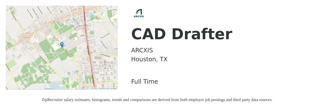 ARCXIS job posting for a CAD Drafter in Houston, TX with a salary of $19 to $26 Hourly with a map of Houston location.