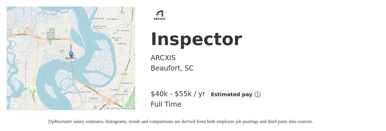 ARCXIS job posting for a Inspector in Beaufort, SC with a salary of $40,000 to $55,000 Yearly with a map of Beaufort location.