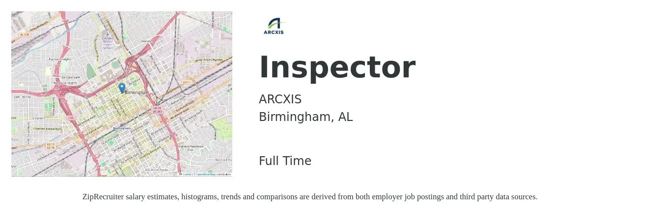 ARCXIS job posting for a Inspector in Birmingham, AL with a salary of $18 to $31 Hourly with a map of Birmingham location.