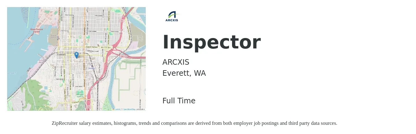 ARCXIS job posting for a Inspector in Everett, WA with a salary of $21 to $36 Hourly with a map of Everett location.