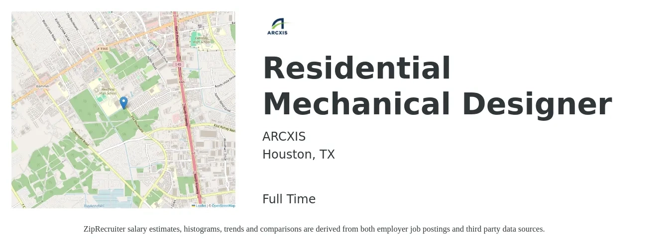 ARCXIS job posting for a Residential Mechanical Designer in Houston, TX with a salary of $25 to $36 Hourly with a map of Houston location.
