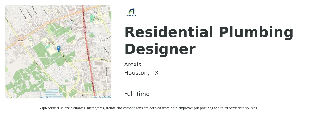 ARCXIS job posting for a Residential Plumbing Designer in Houston, TX with a salary of $63,400 to $83,200 Yearly with a map of Houston location.