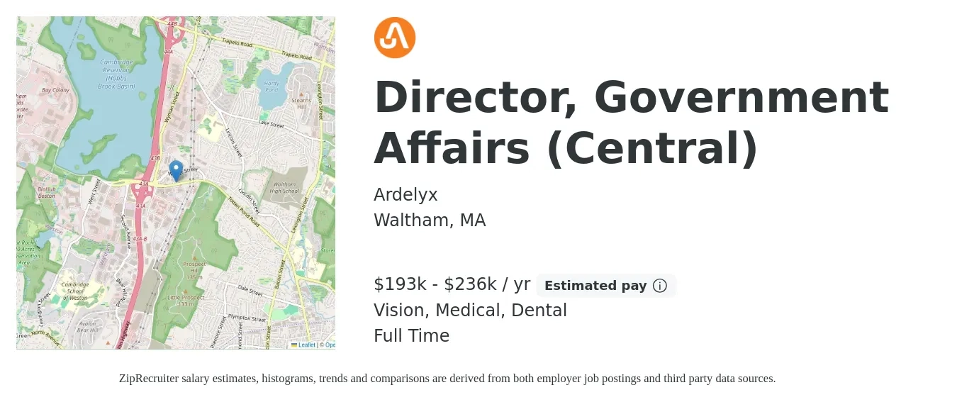 Ardelyx job posting for a Director, Government Affairs (Central) in Waltham, MA with a salary of $193,725 to $236,775 Yearly and benefits including dental, life_insurance, medical, retirement, and vision with a map of Waltham location.