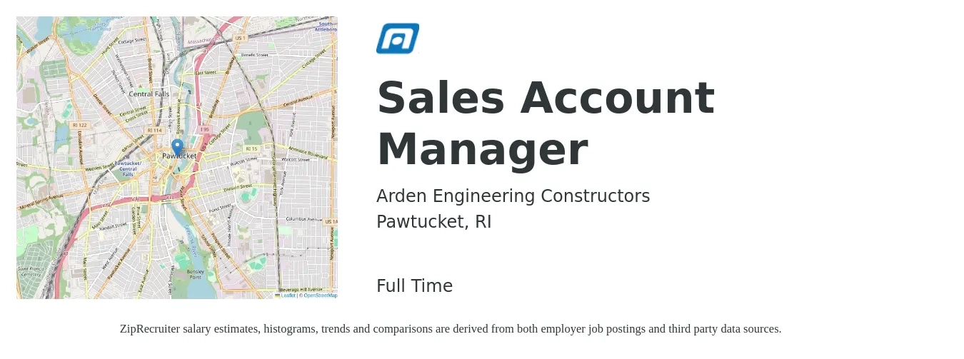 Arden Engineering Constructors job posting for a Sales Account Manager in Pawtucket, RI with a salary of $49,100 to $77,800 Yearly with a map of Pawtucket location.