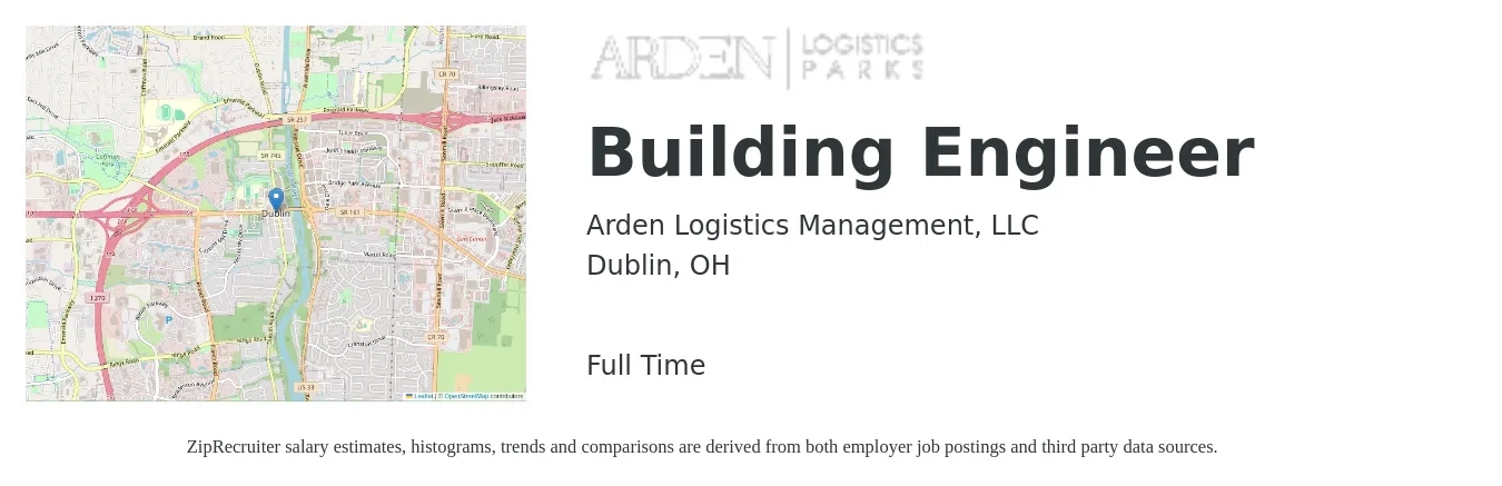 Arden Logistics Management, LLC job posting for a Building Engineer in Dublin, OH with a salary of $26 to $37 Hourly with a map of Dublin location.