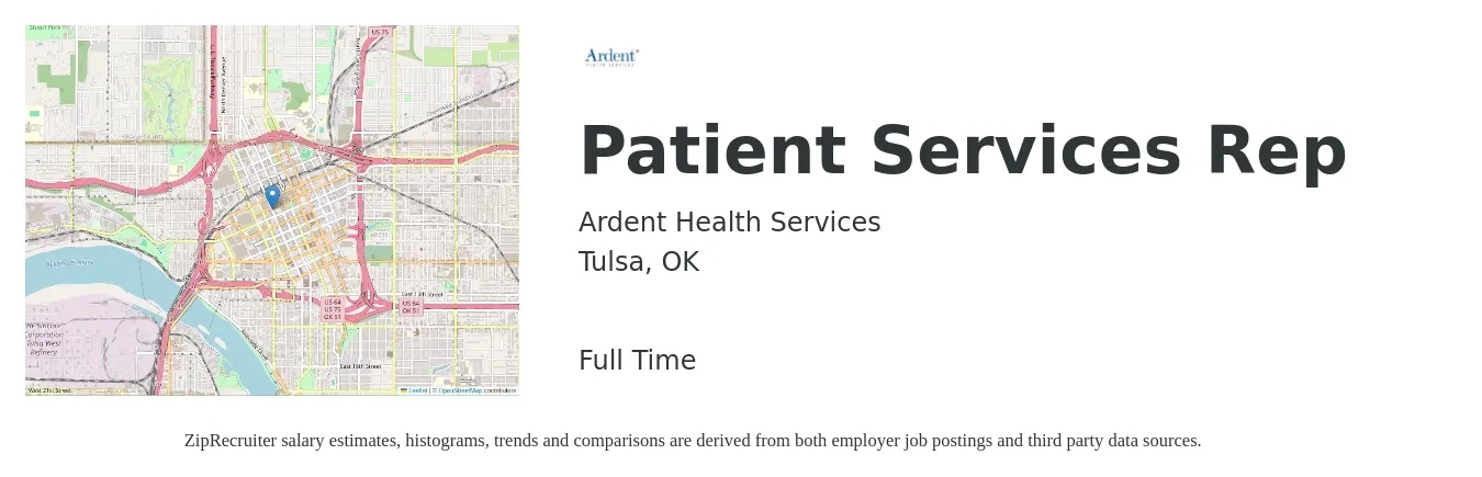Ardent Health Services job posting for a Patient Services Rep in Tulsa, OK with a salary of $16 to $20 Hourly with a map of Tulsa location.