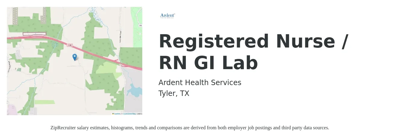 Ardent Health Services job posting for a Registered Nurse / RN GI Lab in Tyler, TX with a salary of $31 to $49 Hourly with a map of Tyler location.