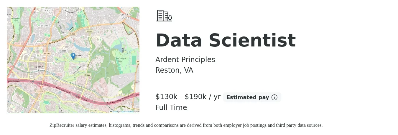 Ardent Principles job posting for a Data Scientist in Reston, VA with a salary of $175,000 to $250,000 Yearly with a map of Reston location.
