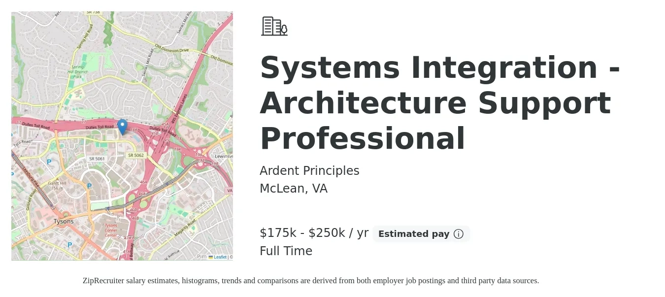 Ardent Principles job posting for a Systems Integration - Architecture Support Professional in McLean, VA with a salary of $175,000 to $250,000 Yearly with a map of McLean location.