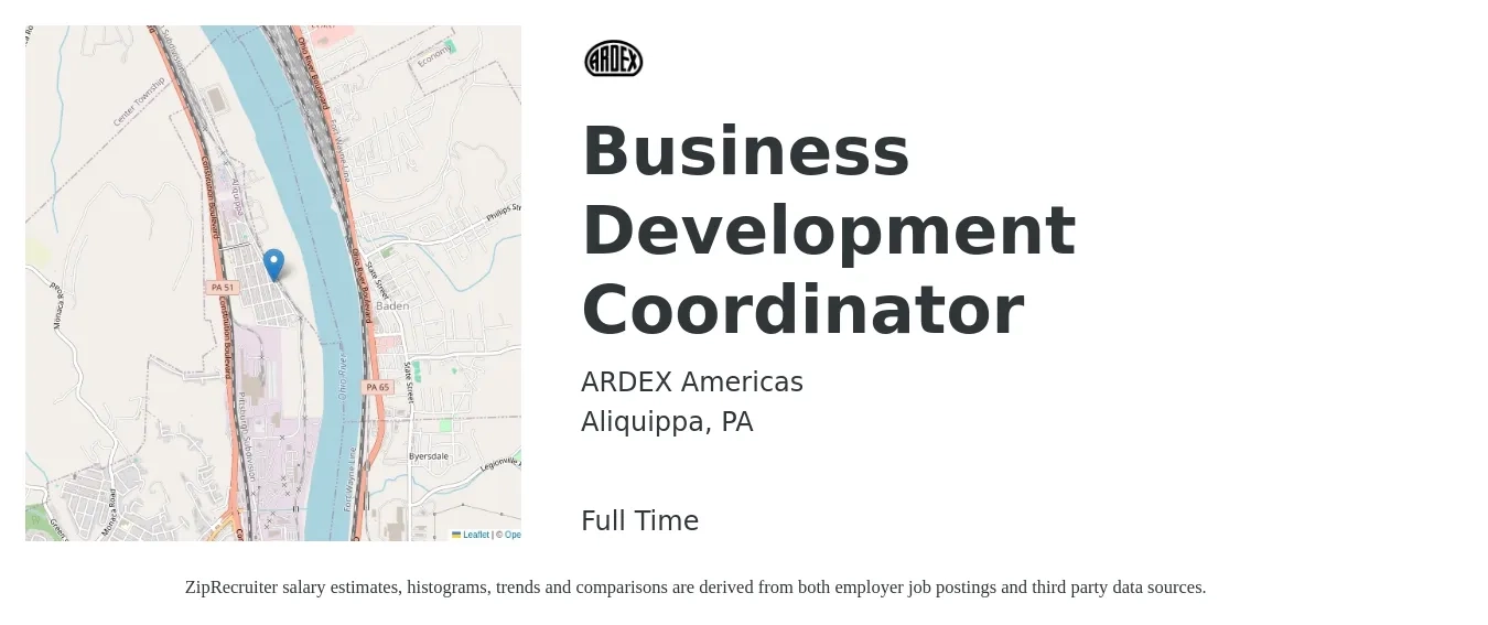 ARDEX Americas job posting for a Business Development Coordinator in Aliquippa, PA with a salary of $40,000 to $61,500 Yearly with a map of Aliquippa location.