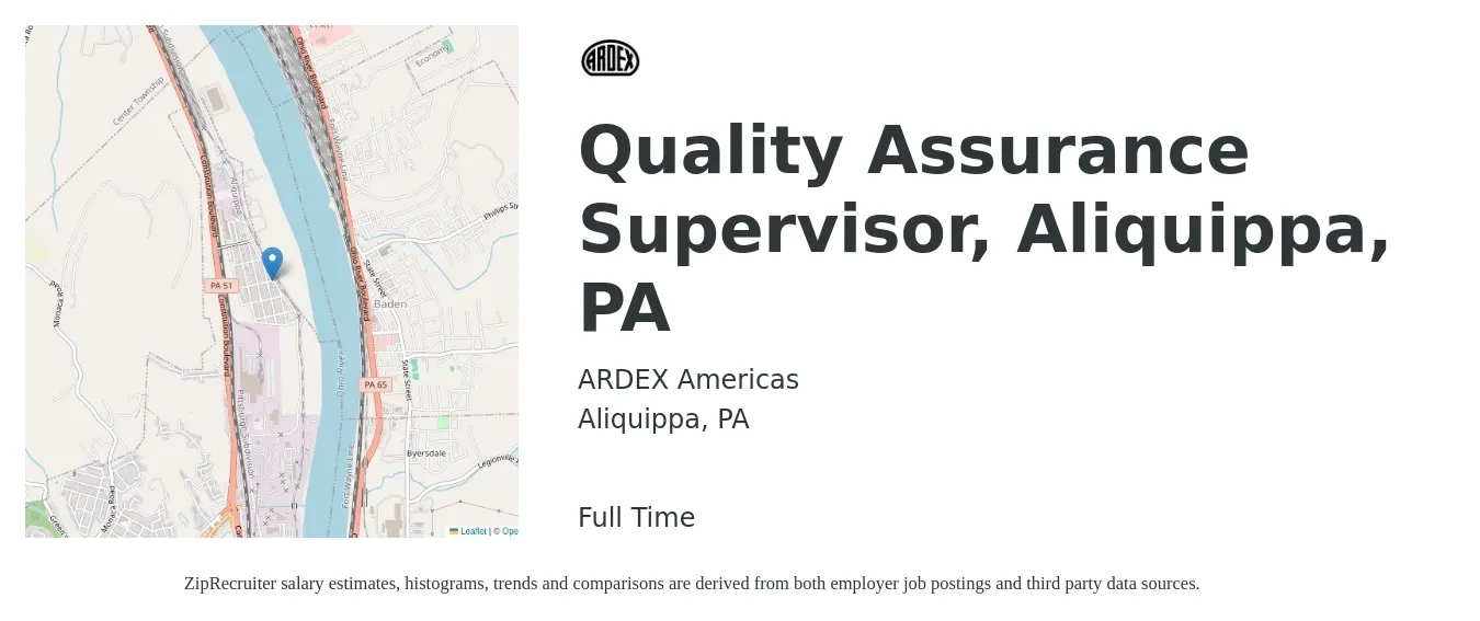 ARDEX Americas job posting for a Quality Assurance Supervisor, Aliquippa, PA in Aliquippa, PA with a salary of $77,300 to $134,600 Yearly with a map of Aliquippa location.