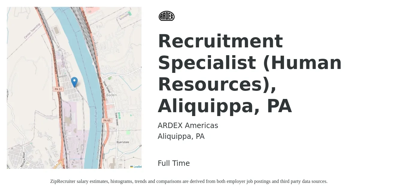 ARDEX Americas job posting for a Recruitment Specialist (Human Resources), Aliquippa, PA in Aliquippa, PA with a salary of $43,800 to $91,700 Yearly with a map of Aliquippa location.