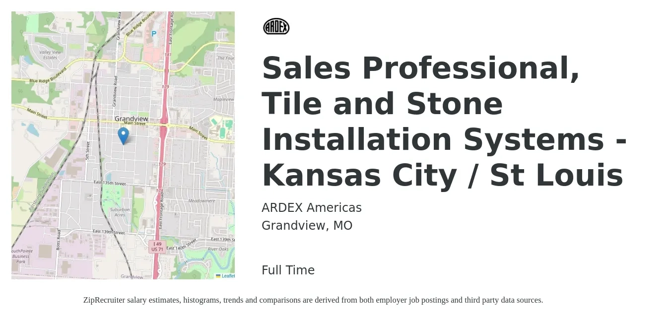 ARDEX Americas job posting for a Sales Professional, Tile and Stone Installation Systems - Kansas City / St Louis in Grandview, MO with a salary of $52,000 to $94,700 Yearly with a map of Grandview location.