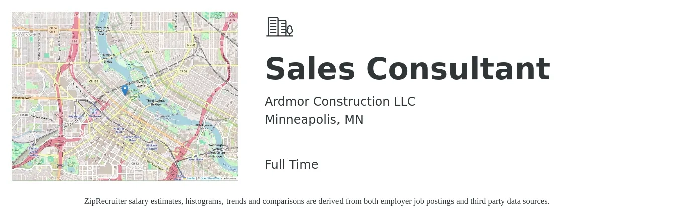 Ardmor Construction LLC job posting for a Sales Consultant in Minneapolis, MN with a salary of $42,300 to $83,000 Yearly with a map of Minneapolis location.