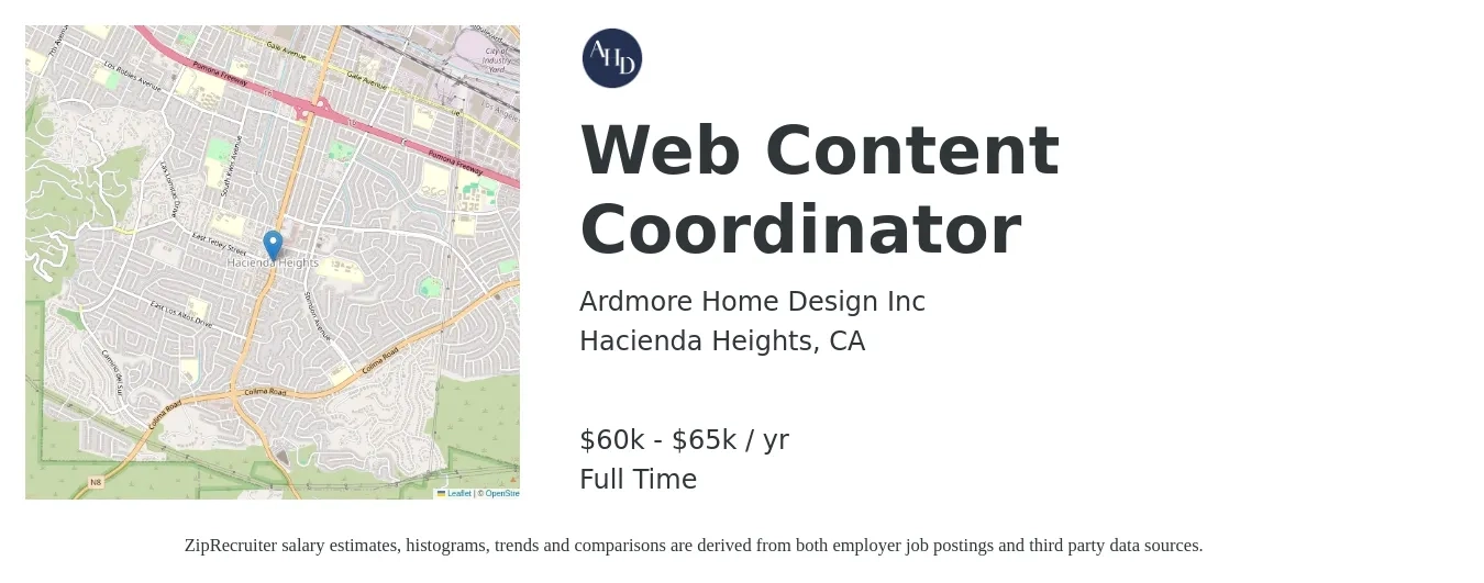 Ardmore Home Design Inc job posting for a Web Content Coordinator in Hacienda Heights, CA with a salary of $60,000 to $65,000 Yearly with a map of Hacienda Heights location.
