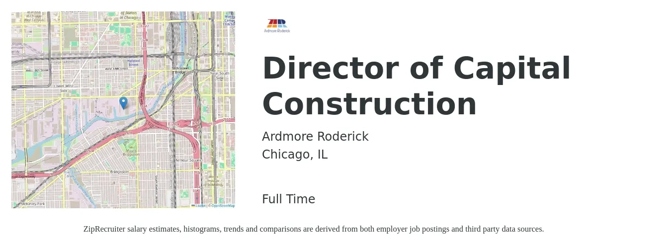 Ardmore Roderick job posting for a Director of Capital Construction in Chicago, IL with a salary of $109,700 to $165,800 Yearly with a map of Chicago location.