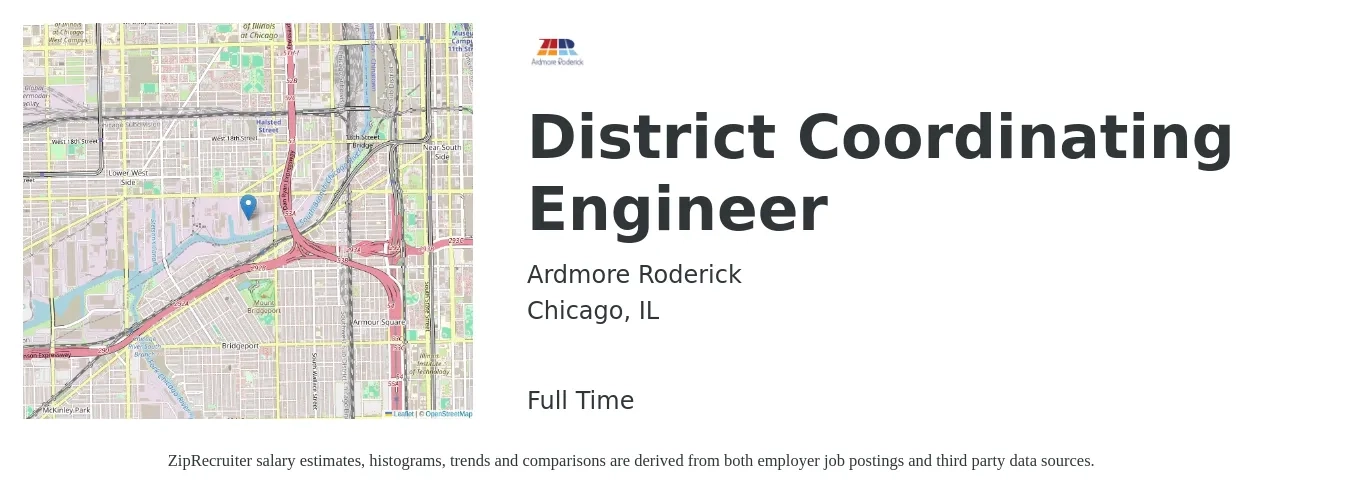 Ardmore Roderick job posting for a District Coordinating Engineer in Chicago, IL with a salary of $81,900 to $119,500 Yearly with a map of Chicago location.