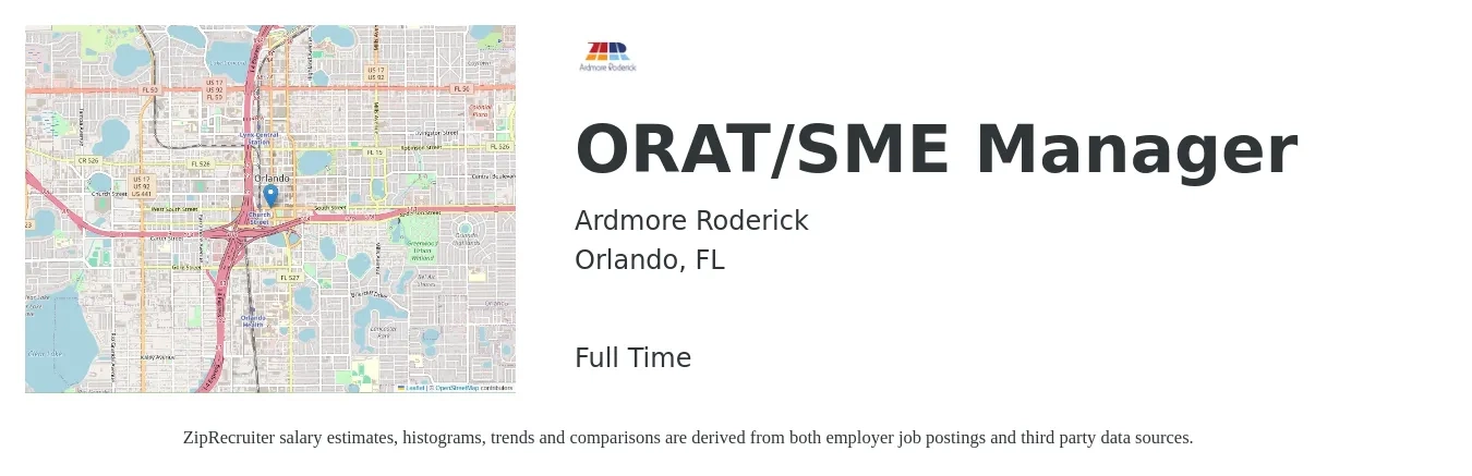 Ardmore Roderick job posting for a ORAT/SME Manager in Orlando, FL with a salary of $105,500 to $183,900 Yearly with a map of Orlando location.