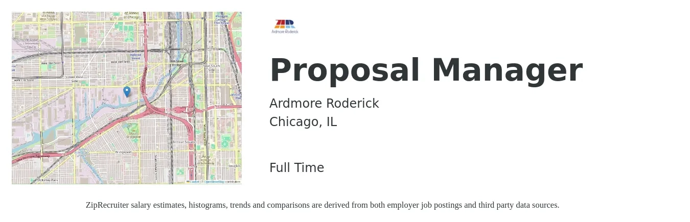 Ardmore Roderick job posting for a Proposal Manager in Chicago, IL with a salary of $82,900 to $121,500 Yearly with a map of Chicago location.