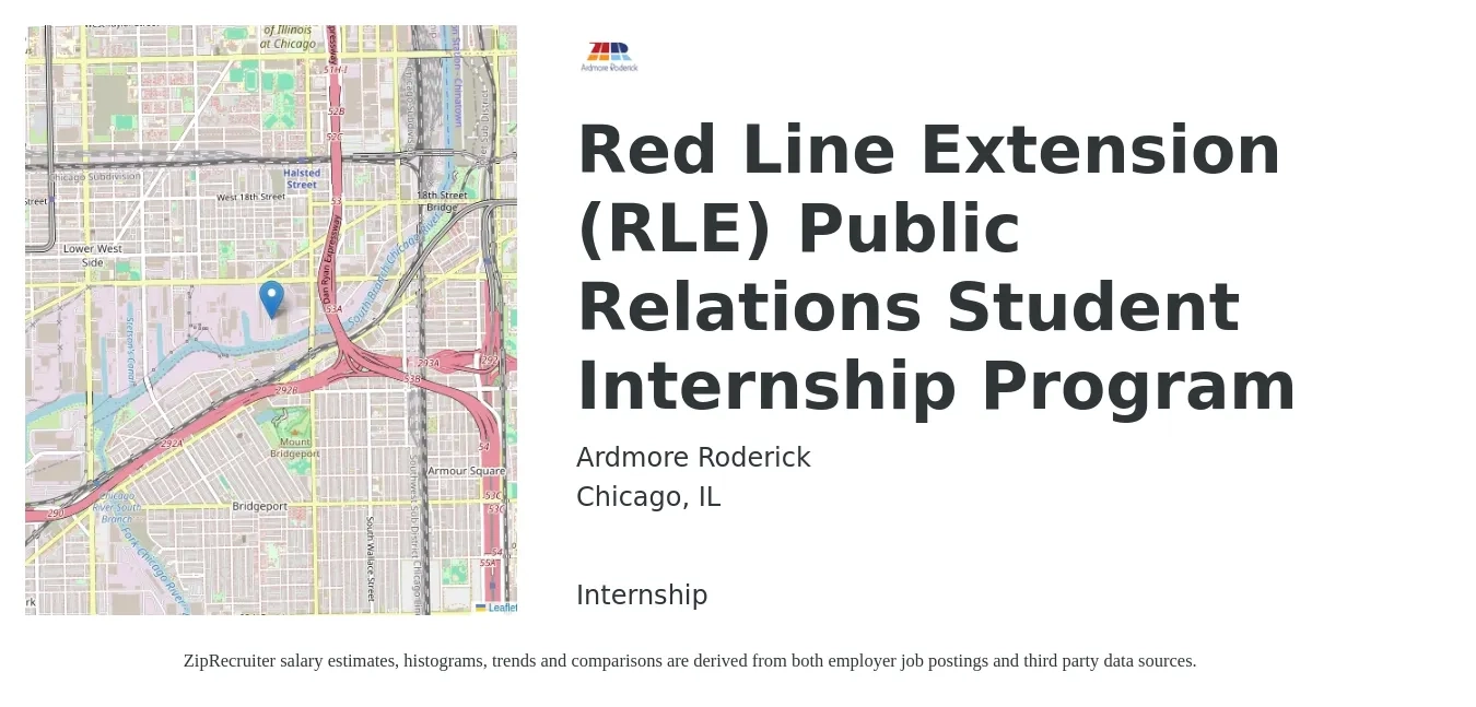 Ardmore Roderick job posting for a Red Line Extension (RLE) Public Relations Student Internship Program in Chicago, IL with a salary of $16 to $20 Hourly with a map of Chicago location.