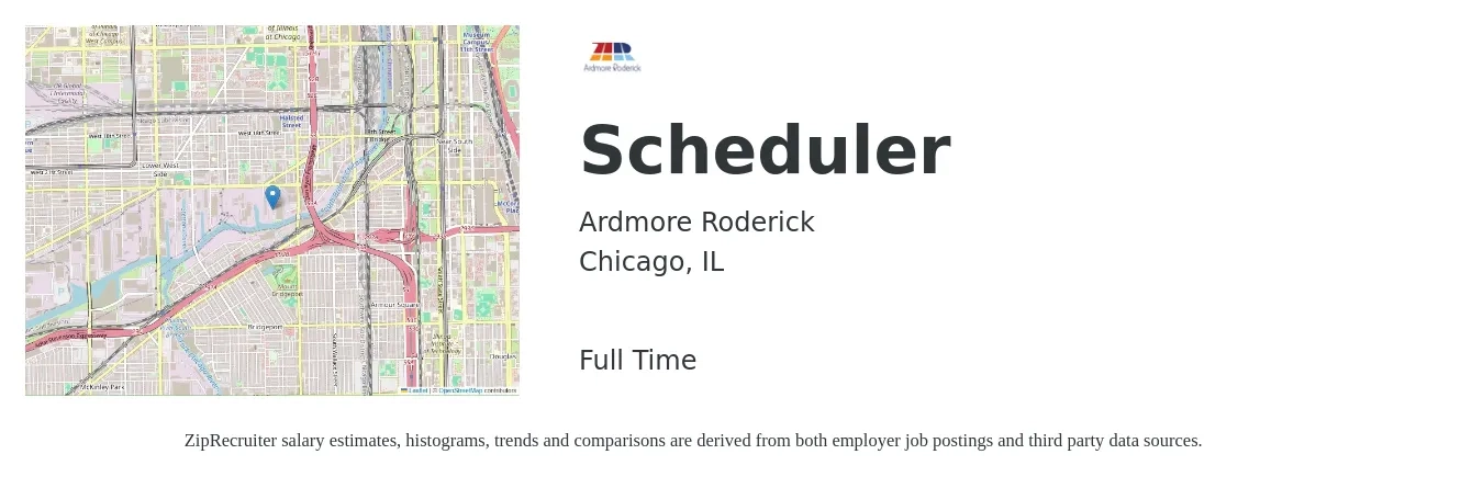 Ardmore Roderick job posting for a Scheduler in Chicago, IL with a salary of $51,500 to $127,700 Yearly with a map of Chicago location.