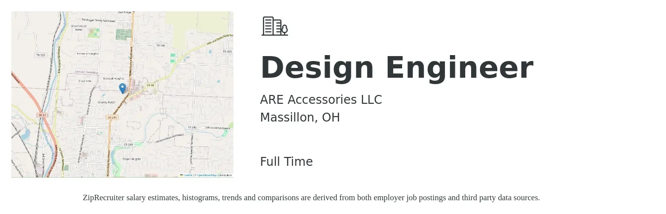 ARE Accessories LLC job posting for a Design Engineer in Massillon, OH with a salary of $62,100 to $89,900 Yearly with a map of Massillon location.