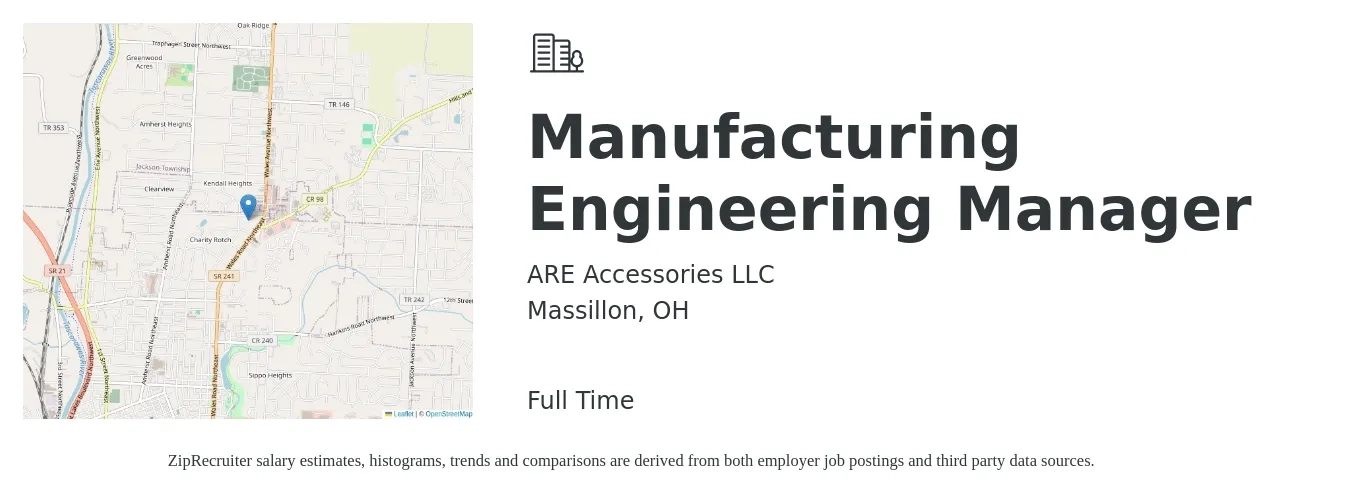 ARE Accessories LLC job posting for a Manufacturing Engineering Manager in Massillon, OH with a salary of $100,400 to $124,600 Yearly with a map of Massillon location.