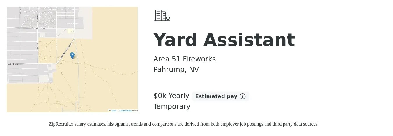 Area 51 Fireworks job posting for a Yard Assistant in Pahrump, NV with a salary of $15 Yearly with a map of Pahrump location.