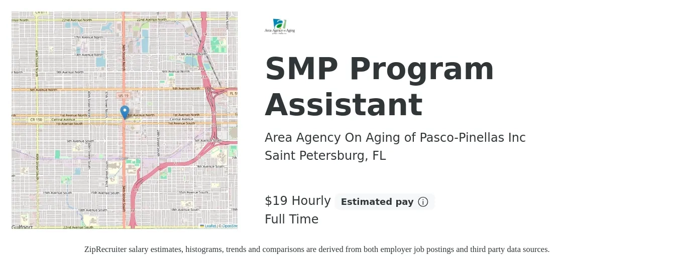 Area Agency On Aging of Pasco-Pinellas Inc job posting for a SMP Program Assistant in Saint Petersburg, FL with a salary of $20 Hourly with a map of Saint Petersburg location.