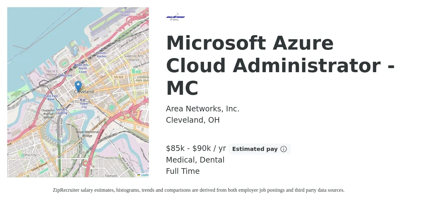 Area Networks, Inc. job posting for a Microsoft Azure Cloud Administrator - MC in Cleveland, OH with a salary of $85,000 to $90,000 Yearly and benefits including dental, life_insurance, medical, pto, and retirement with a map of Cleveland location.