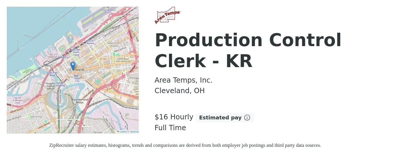 Area Temps, Inc. job posting for a Production Control Clerk - KR in Cleveland, OH with a salary of $17 Hourly with a map of Cleveland location.