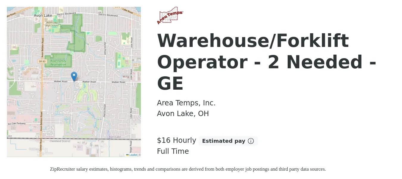 Area Temps, Inc. job posting for a Warehouse/Forklift Operator - 2 Needed - GE in Avon Lake, OH with a salary of $17 Hourly with a map of Avon Lake location.