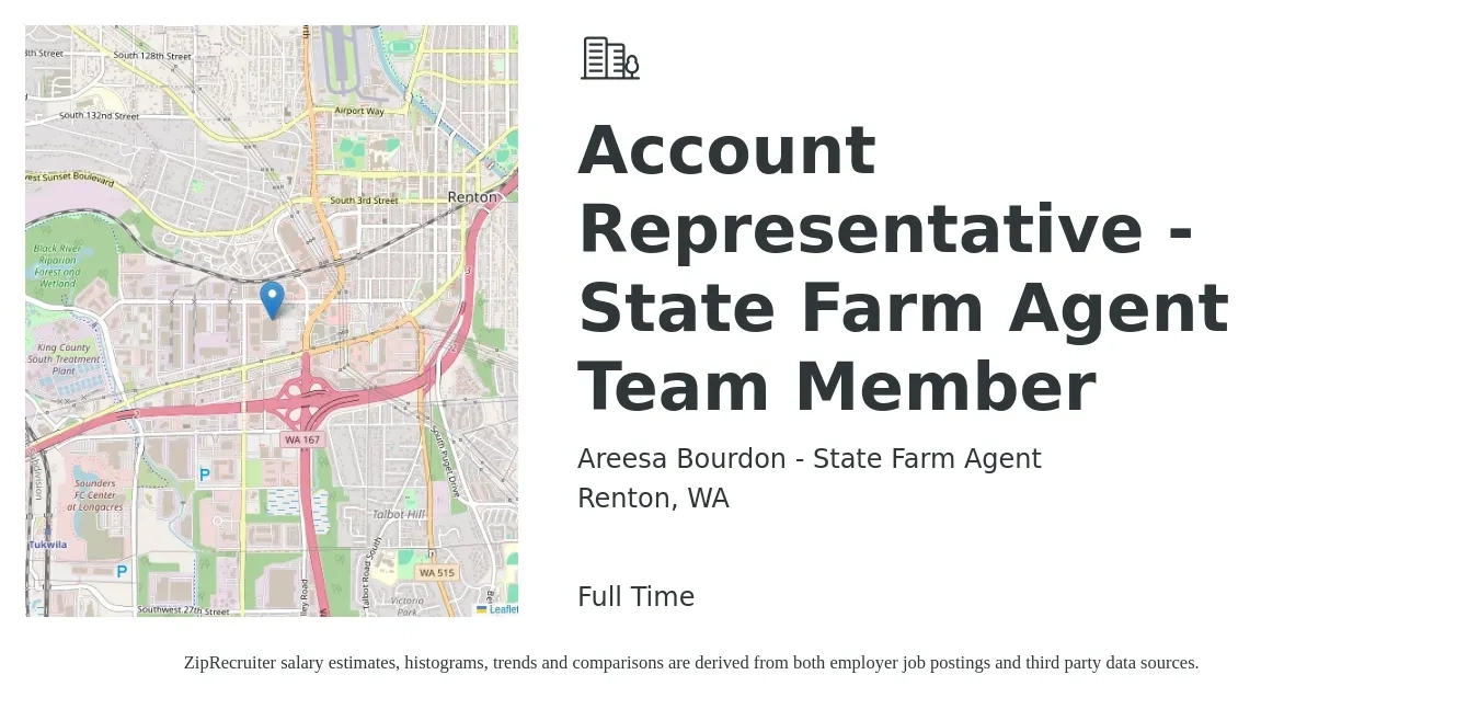 Areesa Bourdon - State Farm Agent job posting for a Account Representative - State Farm Agent Team Member in Renton, WA with a salary of $45,200 to $62,100 Yearly with a map of Renton location.