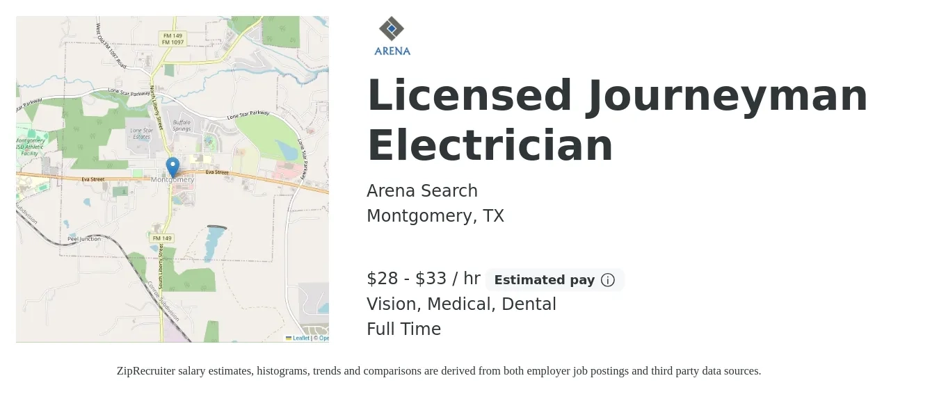 Arena Search job posting for a Licensed Journeyman Electrician in Montgomery, TX with a salary of $30 to $35 Hourly and benefits including dental, medical, retirement, and vision with a map of Montgomery location.