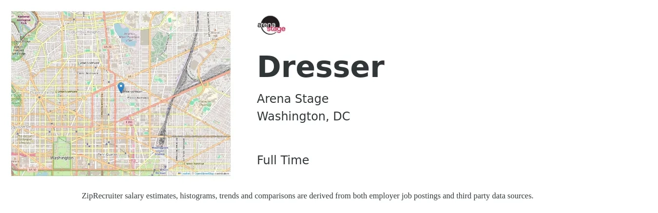 Arena Stage job posting for a Dresser in Washington, DC with a salary of $19 to $28 Hourly with a map of Washington location.