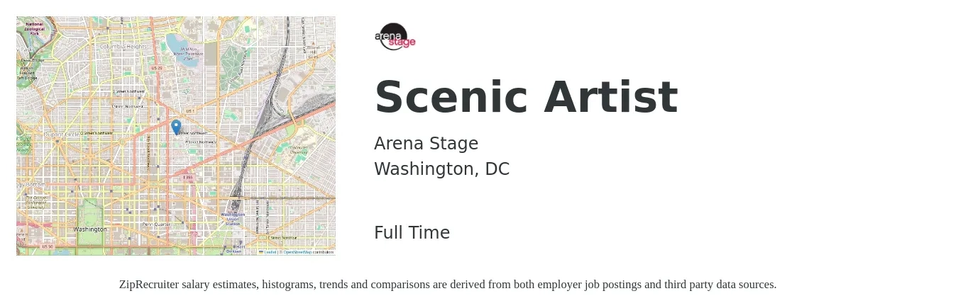 Arena Stage job posting for a Scenic Artist in Washington, DC with a salary of $23 to $27 Hourly with a map of Washington location.