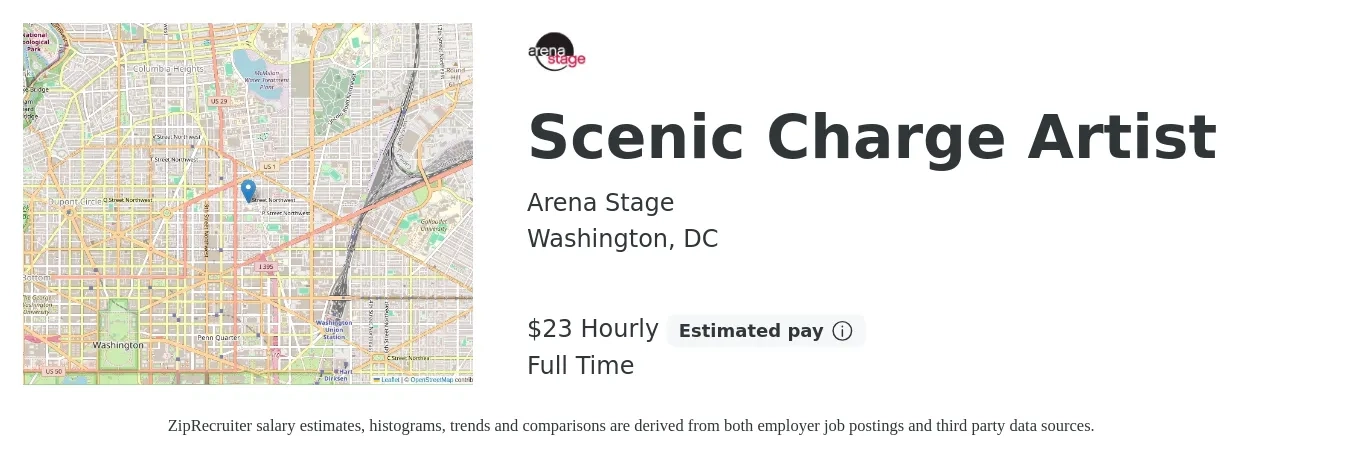 Arena Stage job posting for a Scenic Charge Artist in Washington, DC with a salary of $25 Hourly with a map of Washington location.