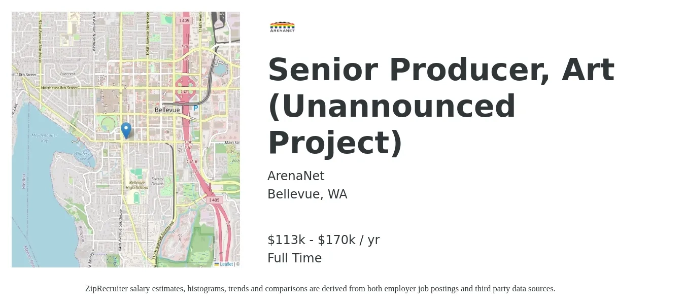 ArenaNet job posting for a Senior Producer, Art (Unannounced Project) in Bellevue, WA with a salary of $90,900 to $151,200 Yearly with a map of Bellevue location.