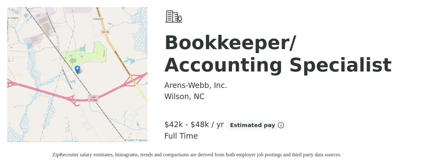 Arens-Webb, Inc. job posting for a Bookkeeper/ Accounting Specialist in Wilson, NC with a salary of $42,000 to $48,000 Yearly with a map of Wilson location.