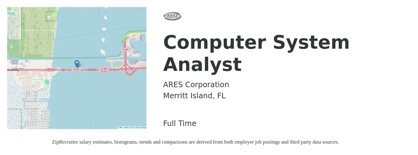 ARES Corporation job posting for a Computer System Analyst in Merritt Island, FL with a salary of $26 to $44 Hourly with a map of Merritt Island location.